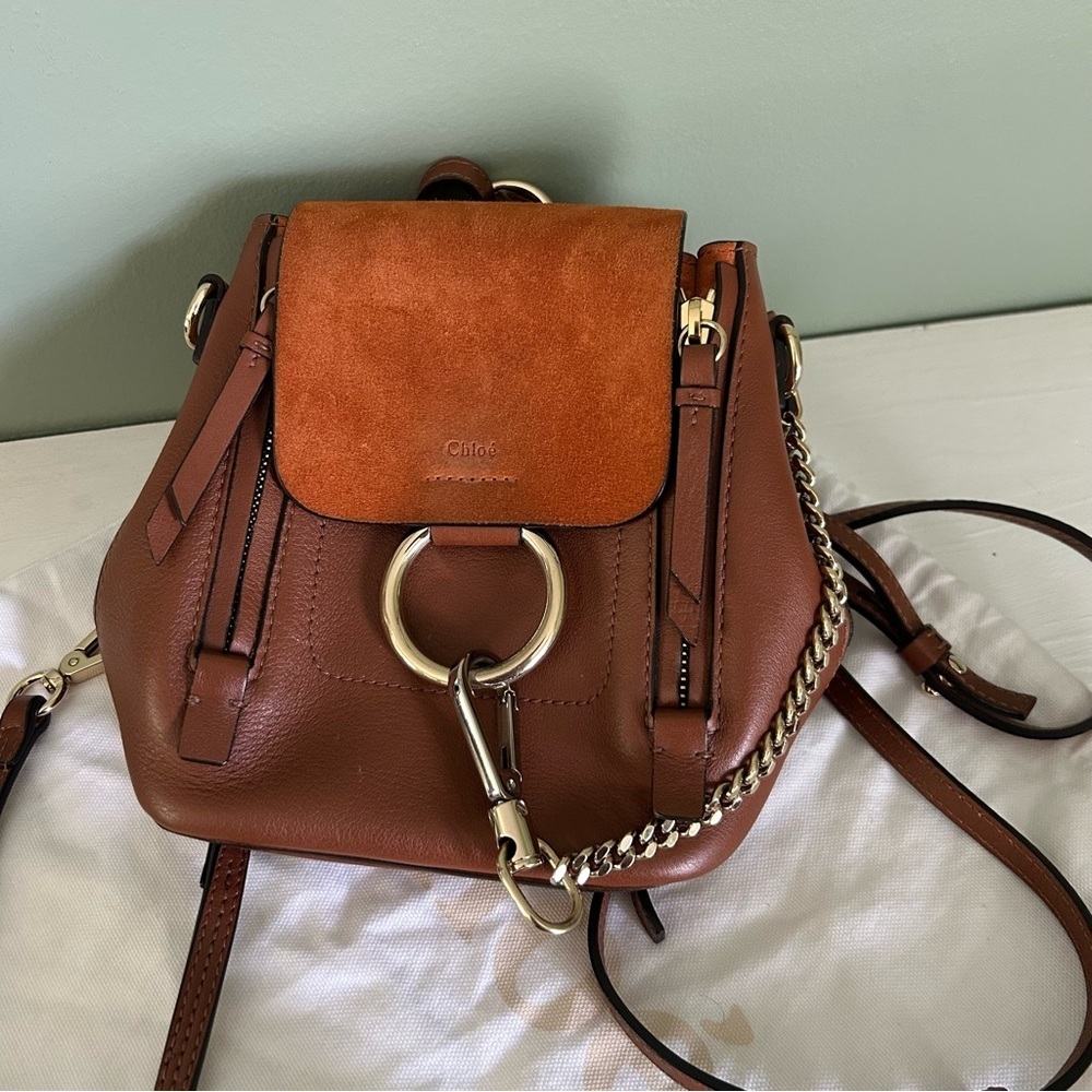 CHLOE Suede Calfskin Mini Faye Backpack Tan - Picture 8 of 10